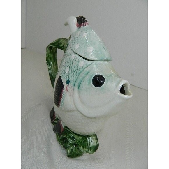Vintage Tropical Fish Teapot Green/White Thin Made in Taiwan Seaweed Handle 7"H - Picture 5 of 15